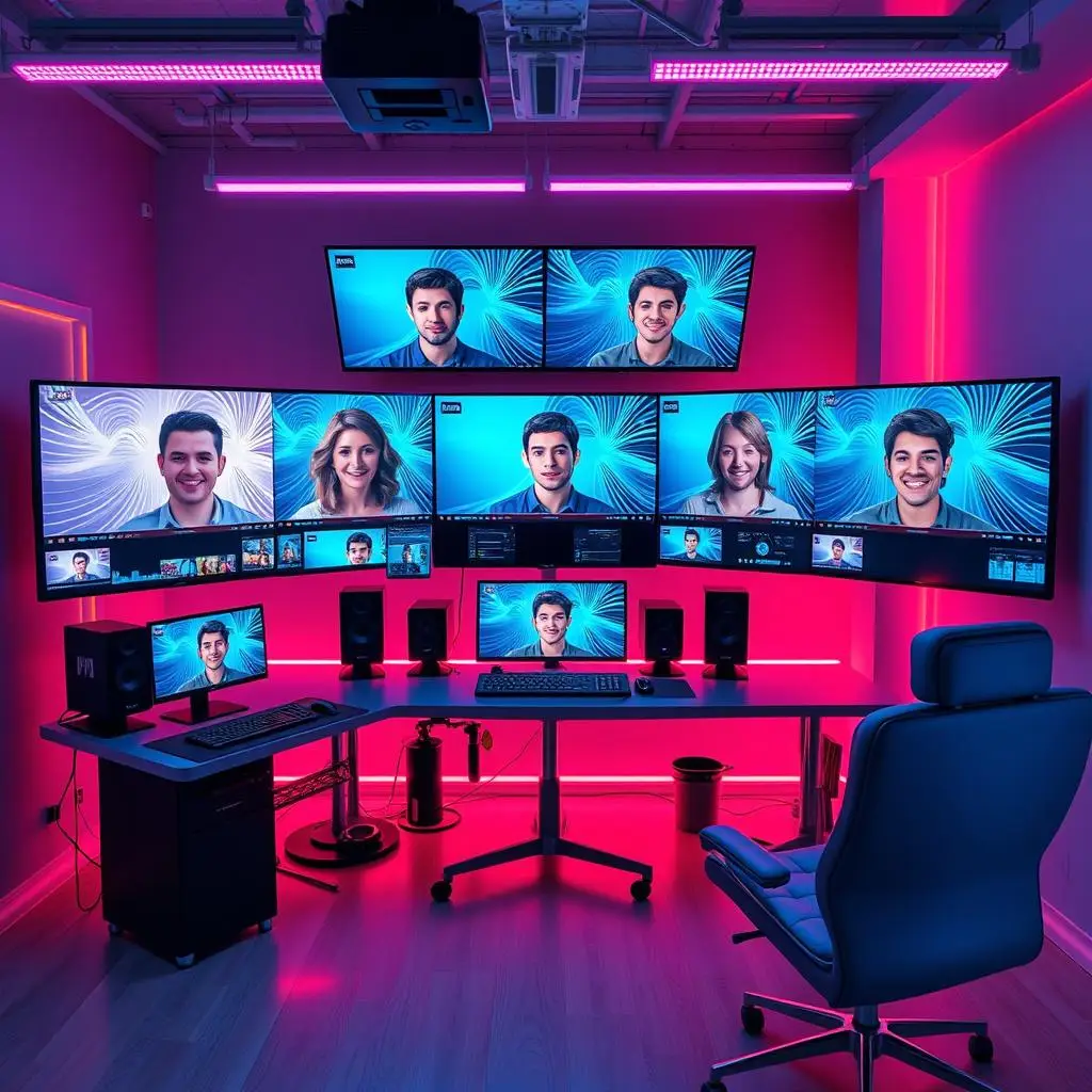 Seamless face-swapping application with multiple screens displaying different videos, with soft ambient light and neon, reflecting the freedom of unrestricted content. Seamless face-swapping application with multiple screens displaying different videos, with soft ambient light and neon, reflecting the freedom of unrestricted content.
