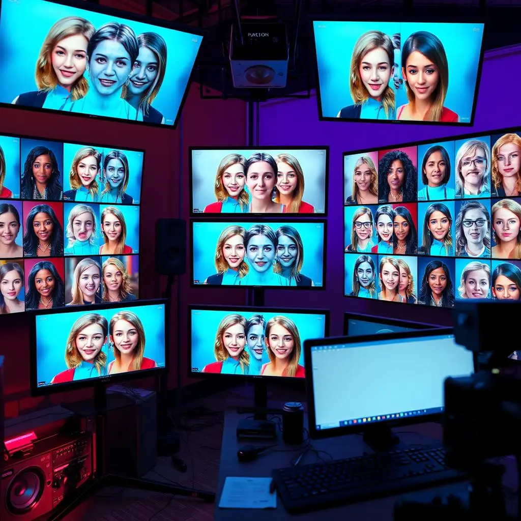 Multiple video screens showing group face-swapping with rich colors to demonstrate the accuracy of Multiply NSFW Video Face Swap. Multiple video screens showing group face-swapping with rich colors to demonstrate the accuracy of Multiply NSFW Video Face Swap.