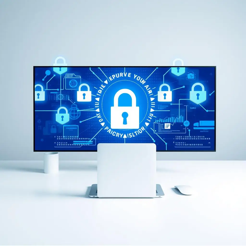 The digital workspace has padlocks and digital shields to represent data protection, and the overall color scheme is white and blue. The digital workspace has padlocks and digital shields to represent data protection, and the overall color scheme is white and blue.