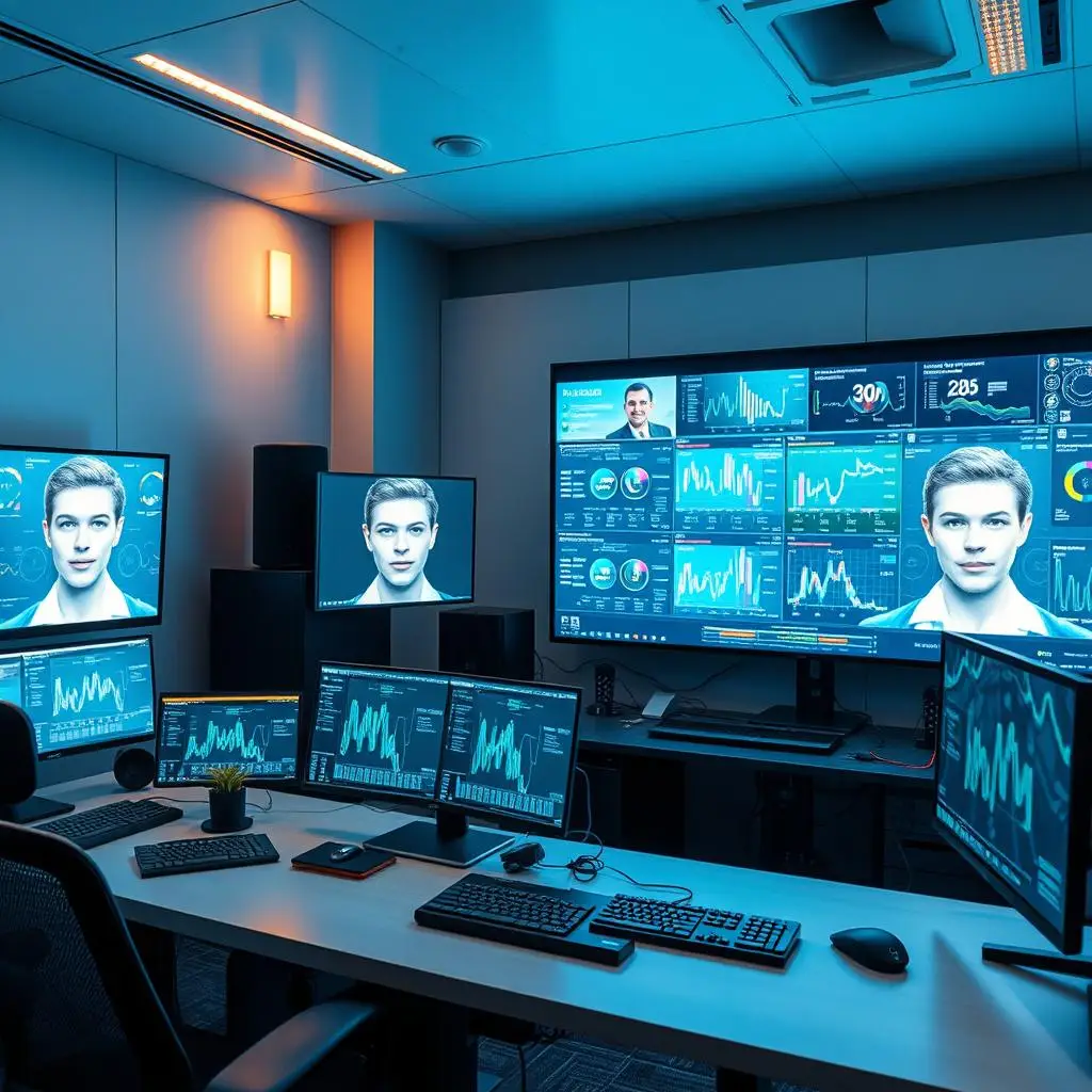 Video editing suite and the screen of digital dashboard showing online face-swapping process,with a blue and green color palett, emphasizes fast face-swapping. Video editing suite and the screen of digital dashboard showing online face-swapping process,with a blue and green color palett, emphasizes fast face-swapping.