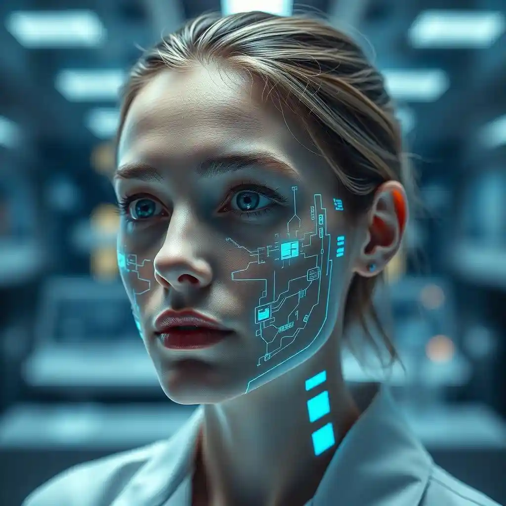 A blue digital interface maps the woman's face. It reflects a face swap using high-resolution technology. A blue digital interface maps the woman's face. It reflects a face swap using high-resolution technology.