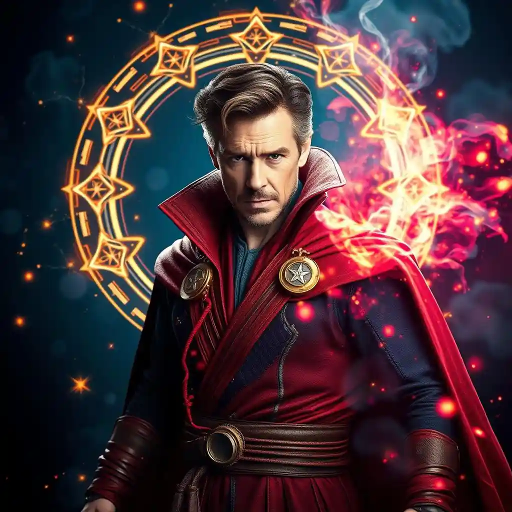 A man, face swap with Dr. Strange's, stood in a powerful pose. He was surrounded by glowing magical symbols and swirling energy portals. A man, face swap with Dr. Strange's, stood in a powerful pose. He was surrounded by glowing magical symbols and swirling energy portals.
