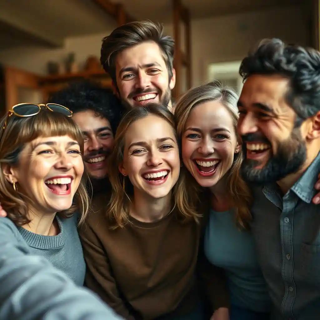 A fun and friendly atmosphere with a group of friends laughing together. A fun and friendly atmosphere with a group of friends laughing together.