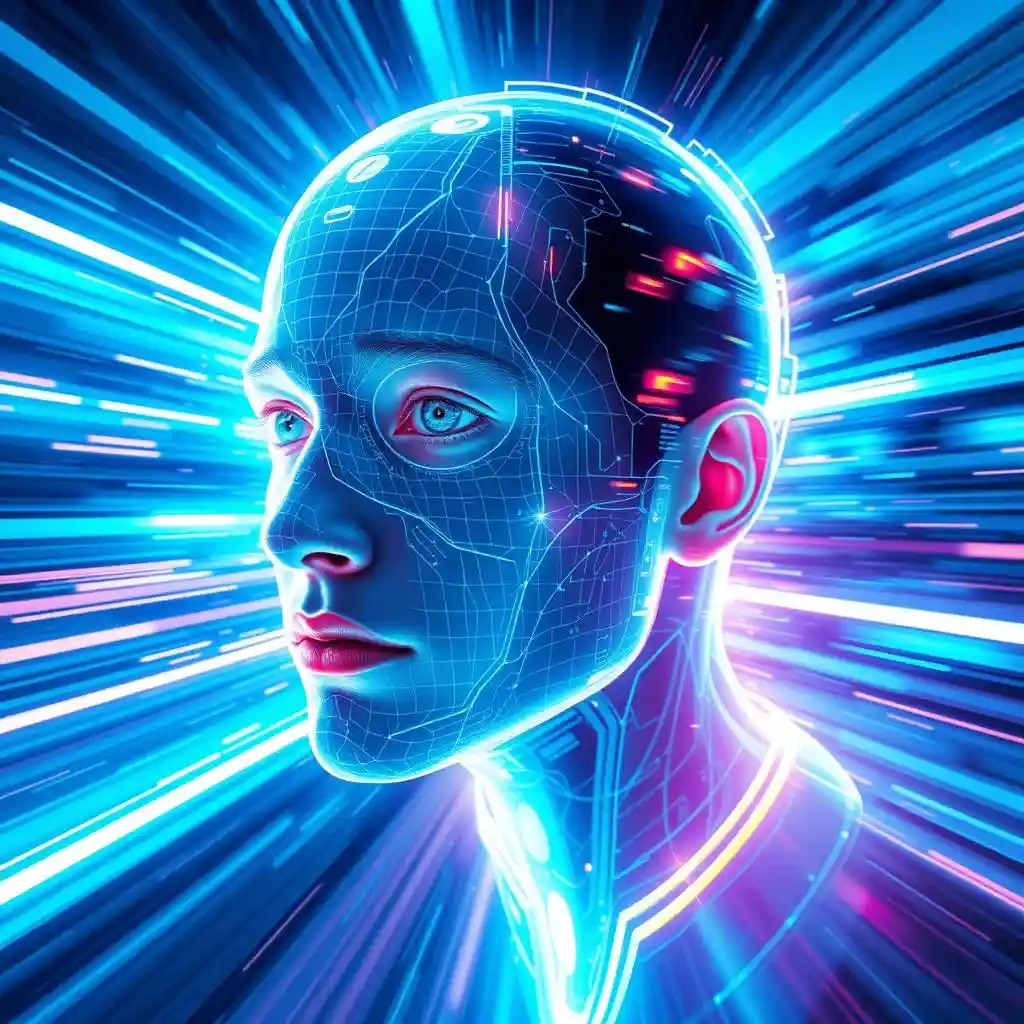 A glowing digital face changes into another,surrounding amid morphing particles and light streaks. This symbolizes the speed of the face changes. A glowing digital face changes into another,surrounding amid morphing particles and light streaks. This symbolizes the speed of the face changes.
