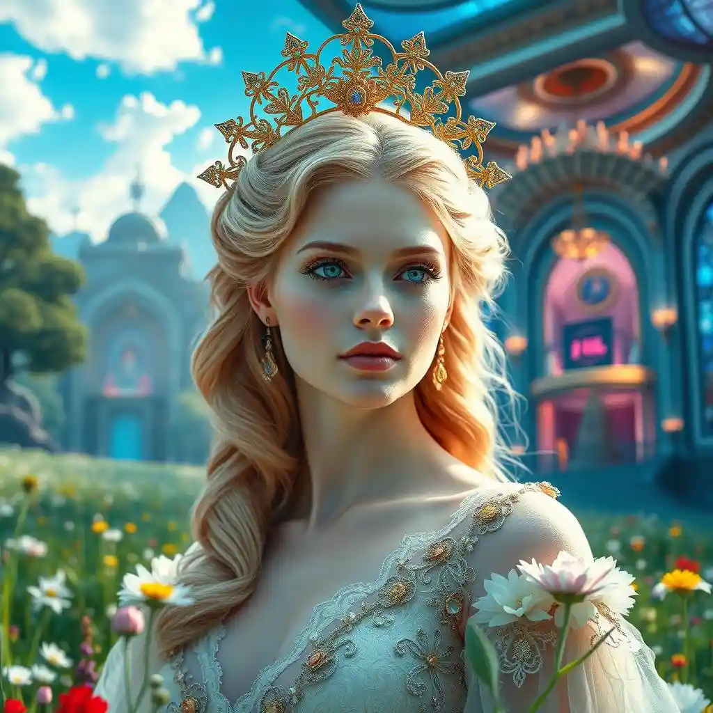 The goddess stands in front of the fantasy castle, wearing a crown on her head and a flowing white gown. The goddess stands in front of the fantasy castle, wearing a crown on her head and a flowing white gown.