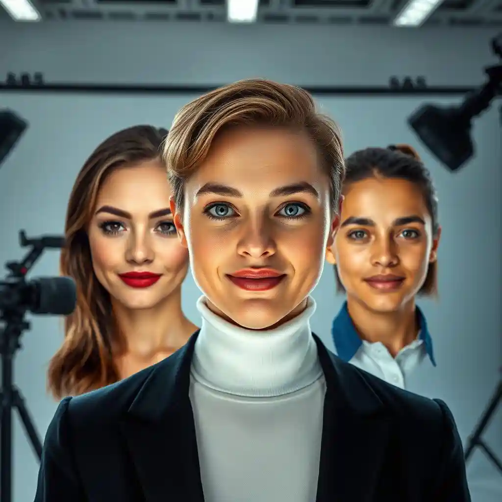 AI generated face-swapping technology demonstrated in a professional studio environment. AI generated face-swapping technology demonstrated in a professional studio environment.