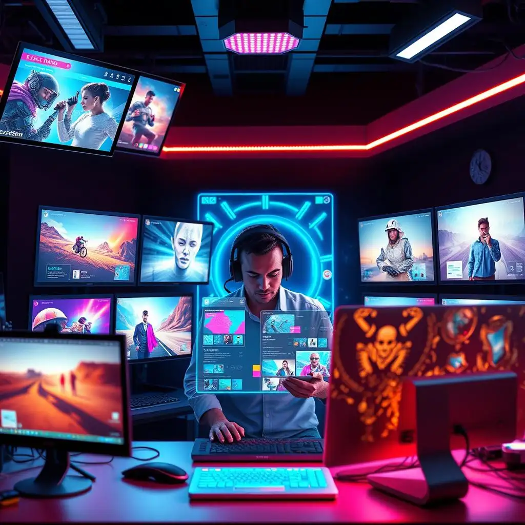 The creator in digital space is surrounded by illuminated digital screens displaying images in a variety of styles, and the Online NSFW AI Generator interface is running. The creator in digital space is surrounded by illuminated digital screens displaying images in a variety of styles, and the Online NSFW AI Generator interface is running.