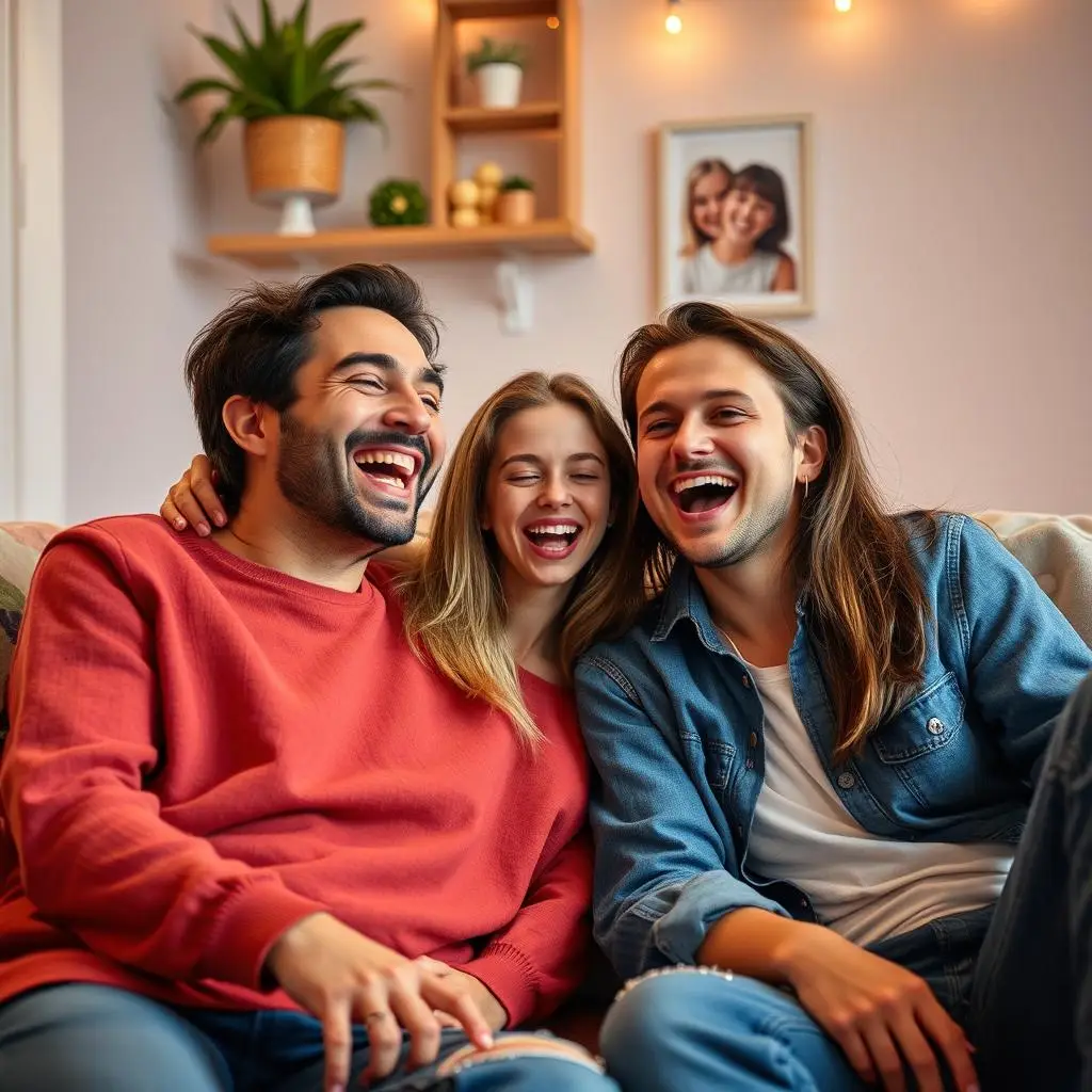 Friends are joyful and laugh together while watching a funny face swap video. Friends are joyful and laugh together while watching a funny face swap video.