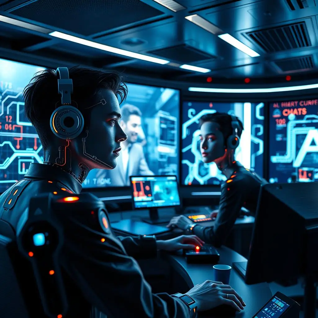 Two robots in an artificial intelligence control center,they are changing faces in a complex video scene. Two robots in an artificial intelligence control center,they are changing faces in a complex video scene.