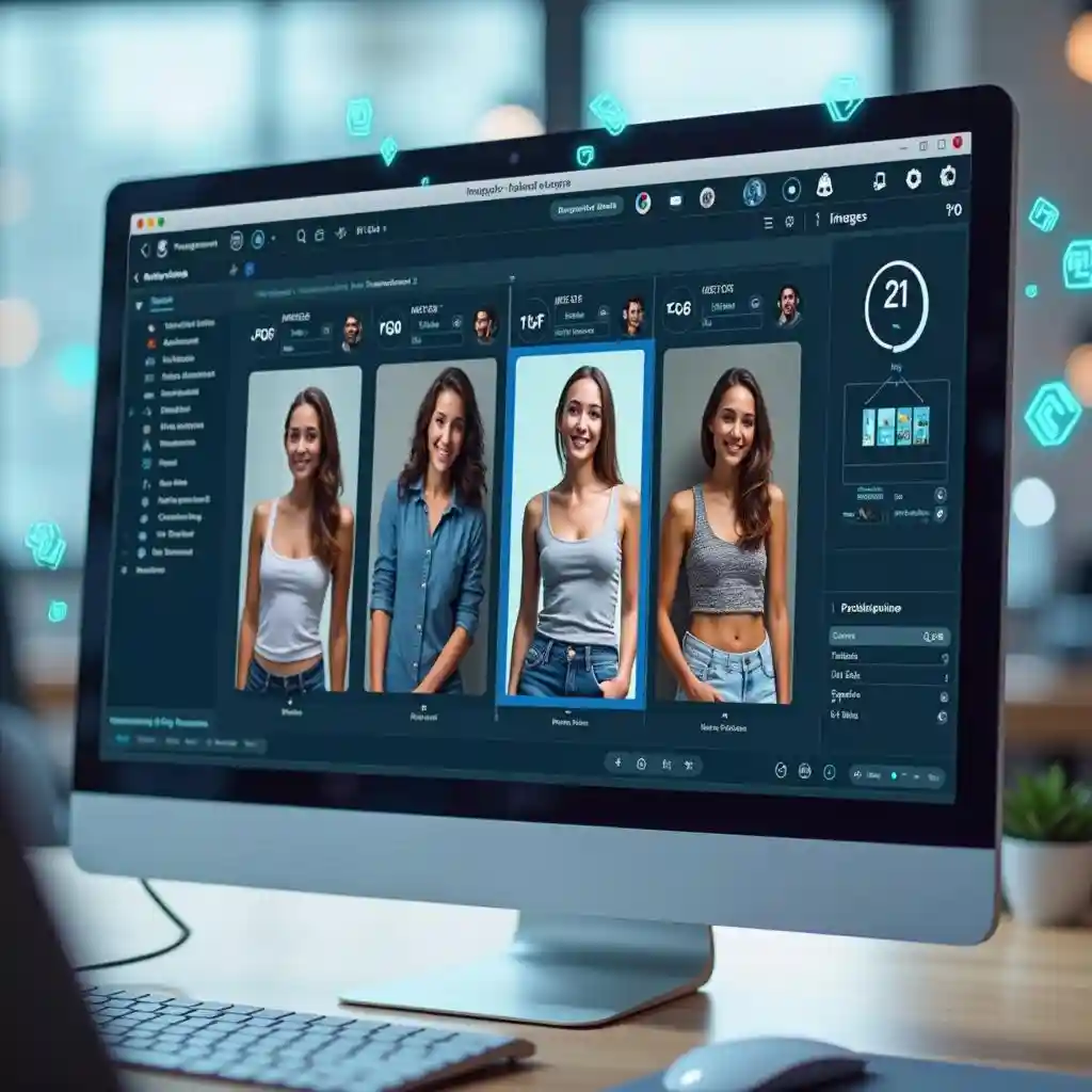 A digital workspace with various images representing different formats (JPEG, PNG, GIF, TIFF, etc.) displayed on the screen. A digital workspace with various images representing different formats (JPEG, PNG, GIF, TIFF, etc.) displayed on the screen.