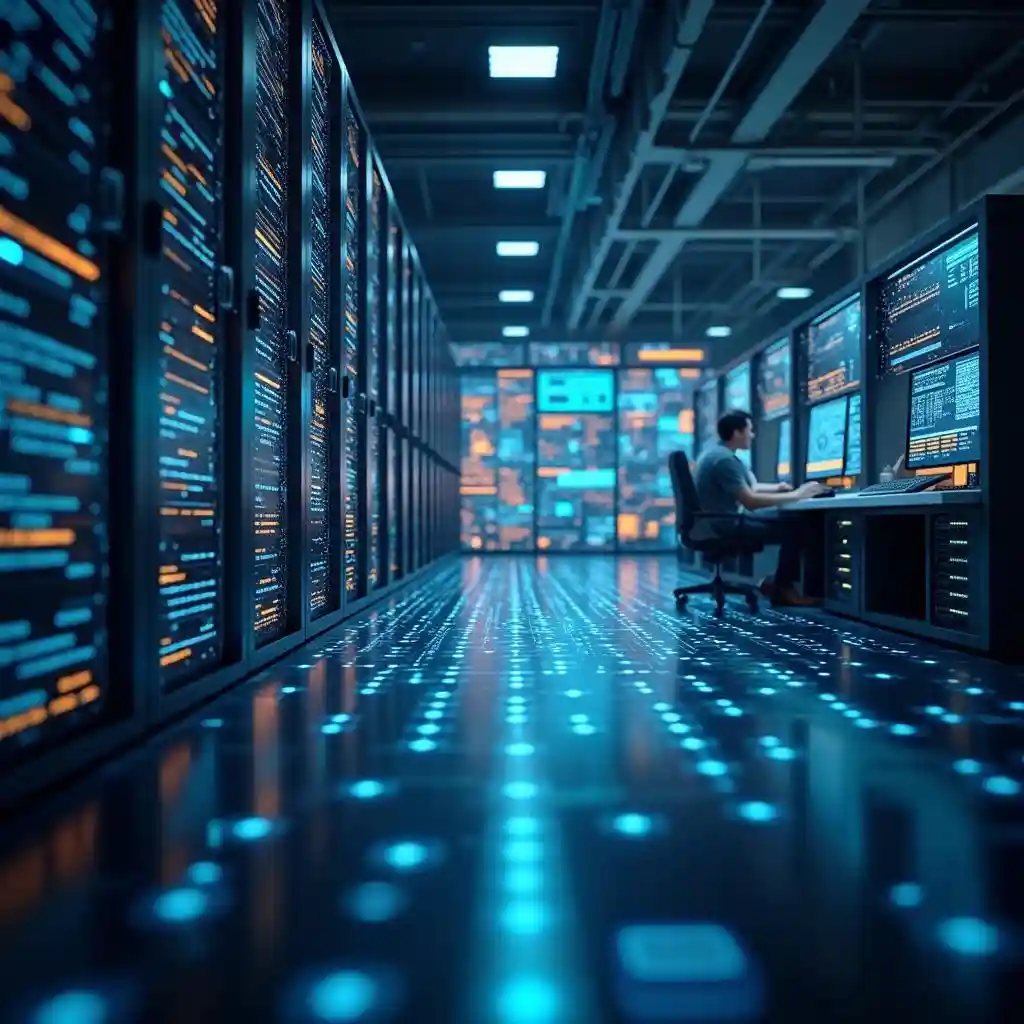 A high-tech artificial intelligence lab filled with servers and computers that process large amounts of data. A high-tech artificial intelligence lab filled with servers and computers that process large amounts of data.